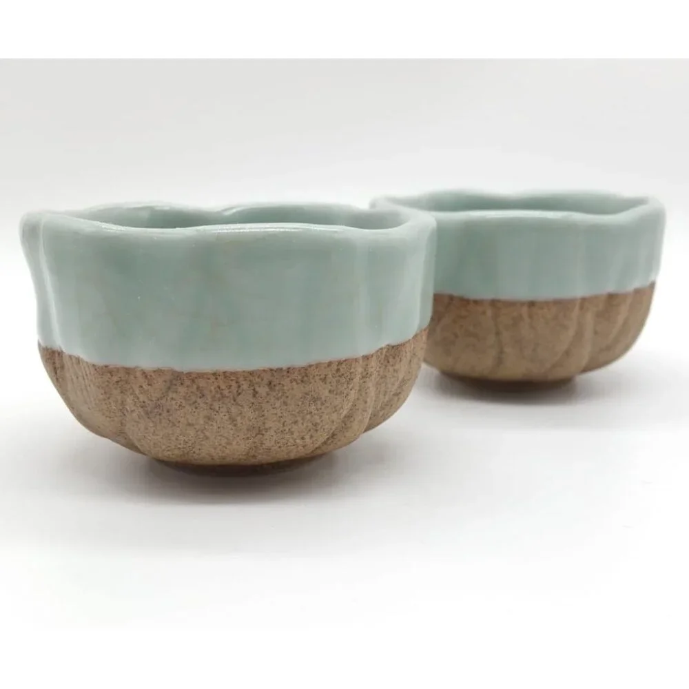 2 Small Celadon Flower Bloom Two-Tone Ceramic Bowls